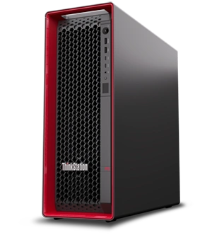 Chasis de la Lenovo Workstation PX en color negro y rojo desde el ángulo frontal izquierdo